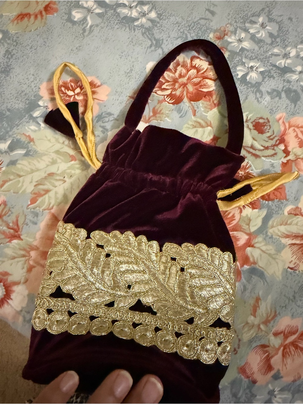 Velvet Drawstring Evening Bag with Gold Embroidery - Burgundy